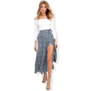 Lulu's Size Medium "Beautiful Tempest" Navy Blue Print Faux Wrap Maxi Skirt